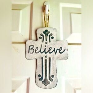 *Believe Distressed Metal Cross Dotted Ornament